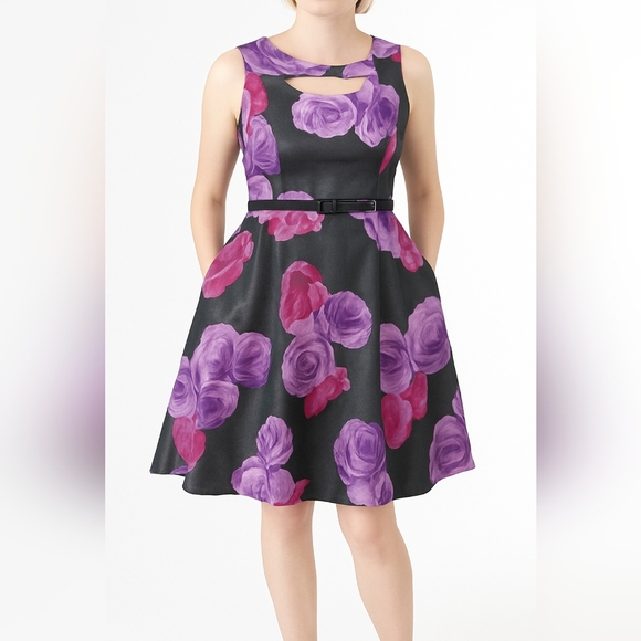 Gaby Skye Sz12 Sleeveless Fit Flare Floral Dress, Bow Belt Party Wedding Coktail - Picture 1 of 10